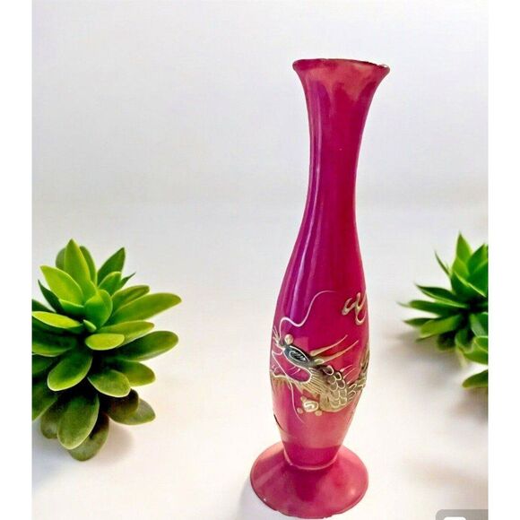 Vintage Japan Lusterware Dragonware Moriage Bud Vase – Red/Pink, 6.75" Tall - Picture 1 of 6